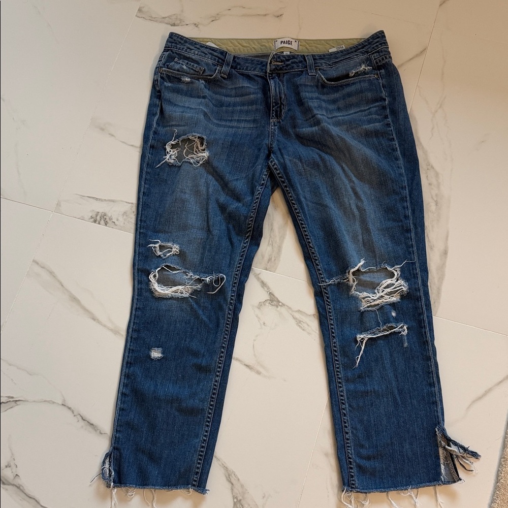 PAIGE Dark Blue Distressed Boyfriend Jeans